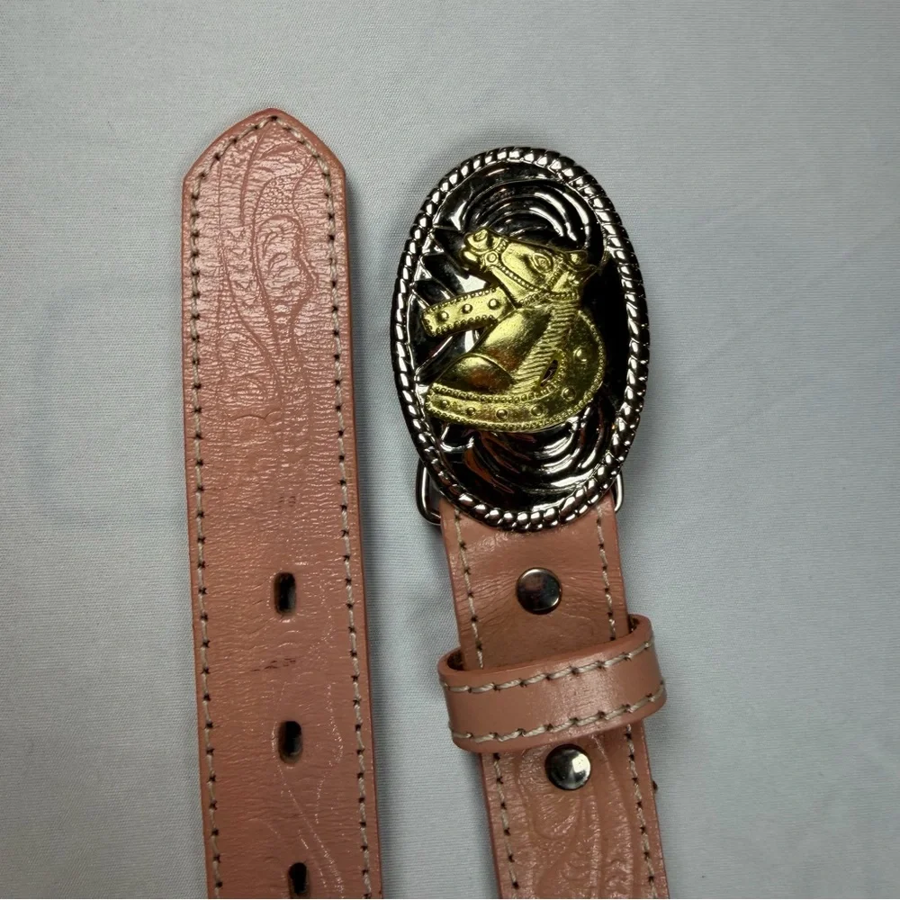 Nocona Belt Co Pink Genuine Leather Western Style Belt w/ Horse Buckle for girls